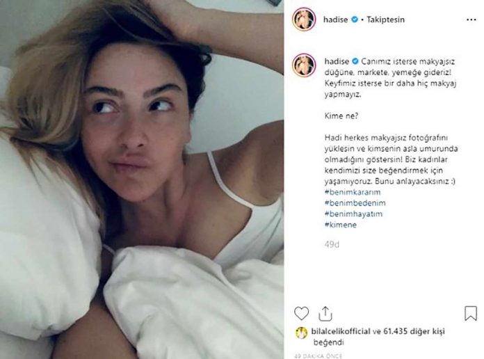 Sanatçı Hadise, makyajsız görüntülendiği için kendisini eleştirenlere yatağından paylaştığı makyajsız ve atletli fotoğrafla karşılık verdi. Sanatçı Hadise, makyajsız görüntülendiği için kendisini eleştirenlere yatağından paylaştığı makyajsız ve atletli fotoğrafla karşılık verdi.